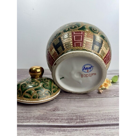 Vintage Oriental Accent 9.5" Jar Vase Urn Lidded Green Gold Red elegant - Picture 6 of 12